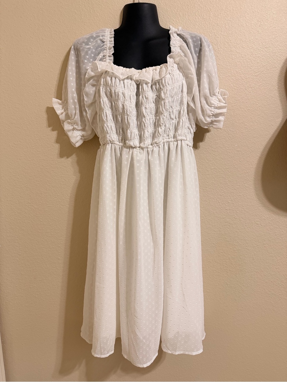 Orage Ivory Swiss Dot Puff Sleeve Midi Dress